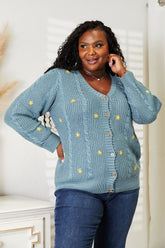 HEYSON Full Size Floral Embroidered Cable Knit Cardigan - Cozy & Elegant